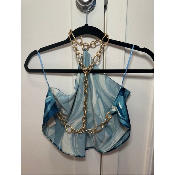 Cult Gaia Olivine Top Persian Blue Paisley Gold Chains - Picture 5 of 6